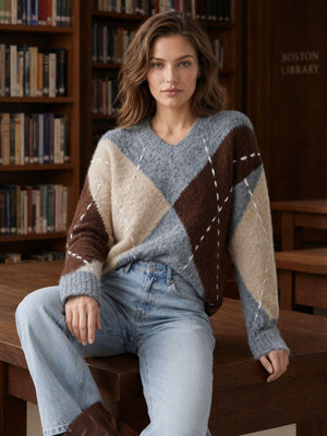 dark brown v-neck sweater with pullover and argyle