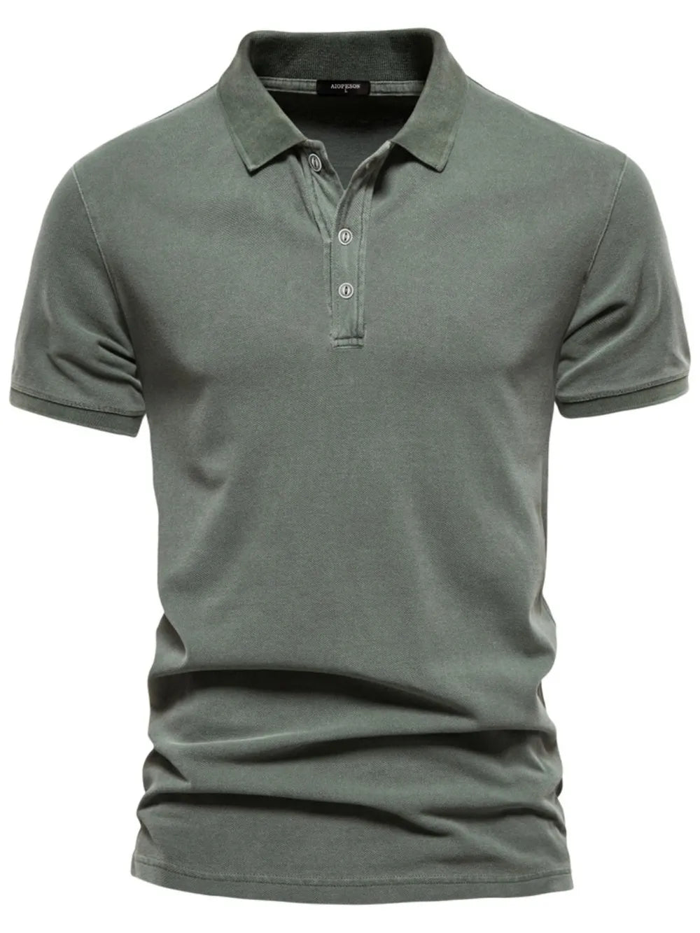 Sage green textured polo shirt with short sleeves and buttoned placket.