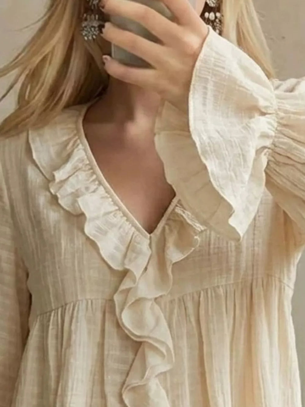 Pink Ruffled V-neck Flounce Sleeve Blouse