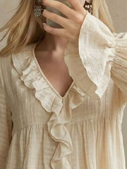 Pink Ruffled V-neck Flounce Sleeve Blouse