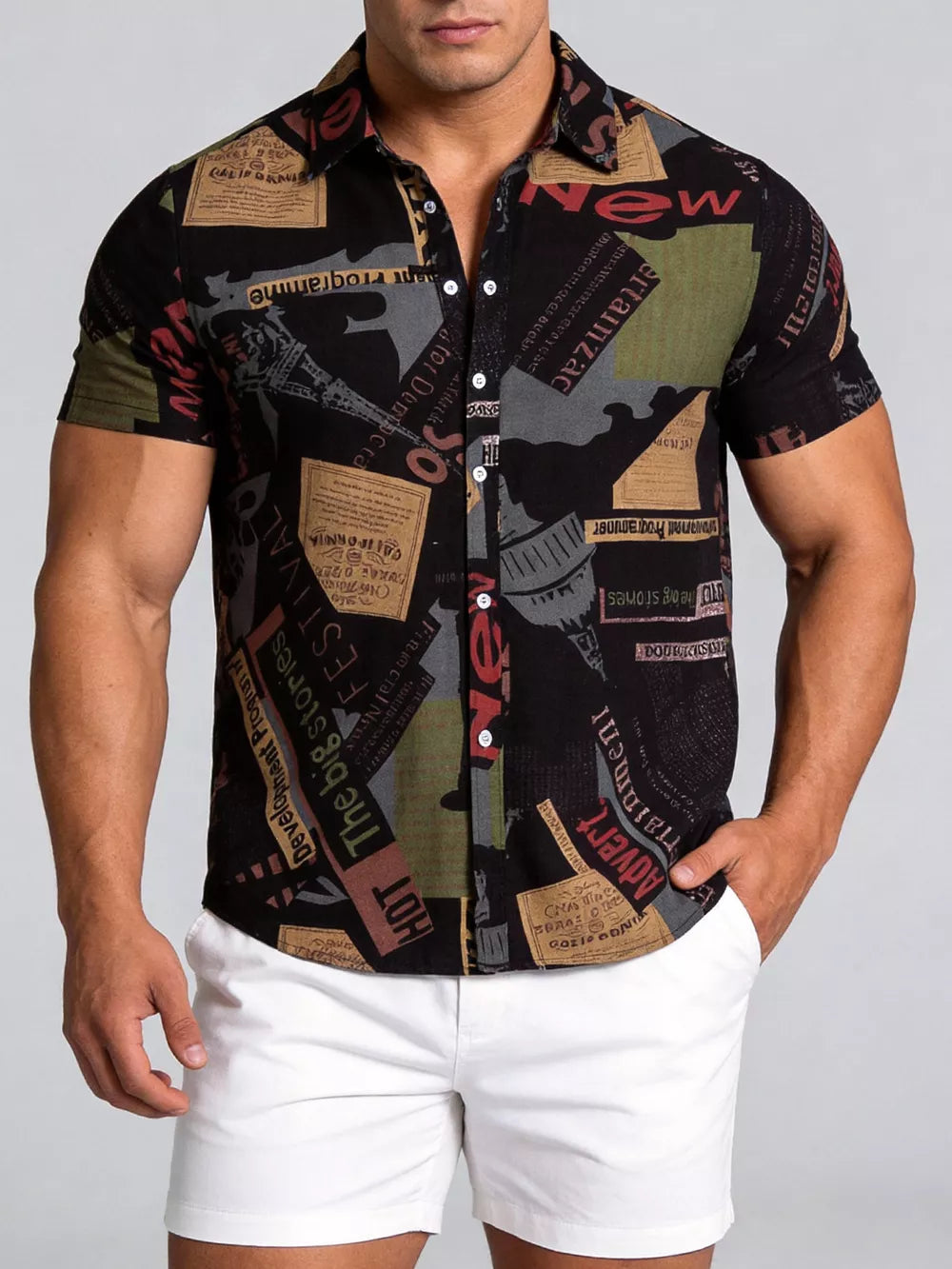 White Button-down Graphic Short-sleeve Top