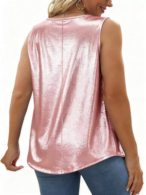 Pink polyester tank top with a square neckline and subtle pleating detail.
