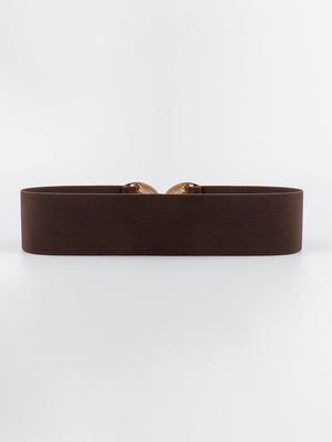 Brown stretch belt with interlocking gold circle buckle detail