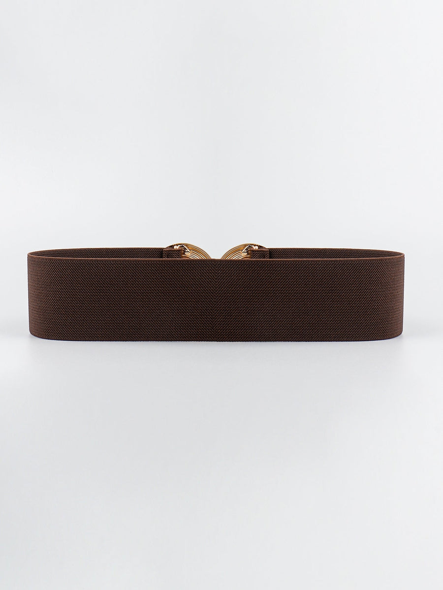 Brown stretch belt with interlocking gold circle buckle detail