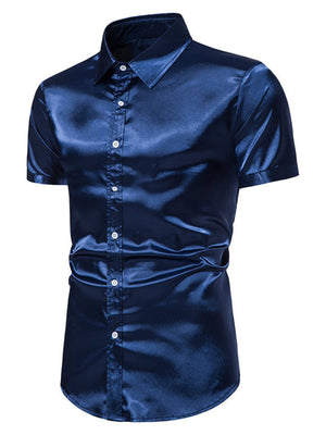 Men's navy satin finish short sleeve button-up shirt with a classic collar.
