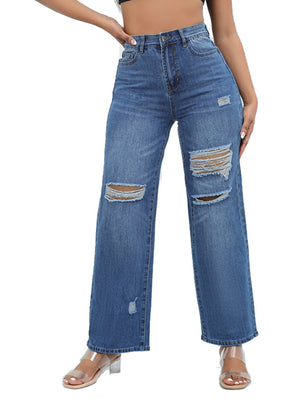 Pocketed Distressed Wide-Leg Jeans in Dark Blue with distressed