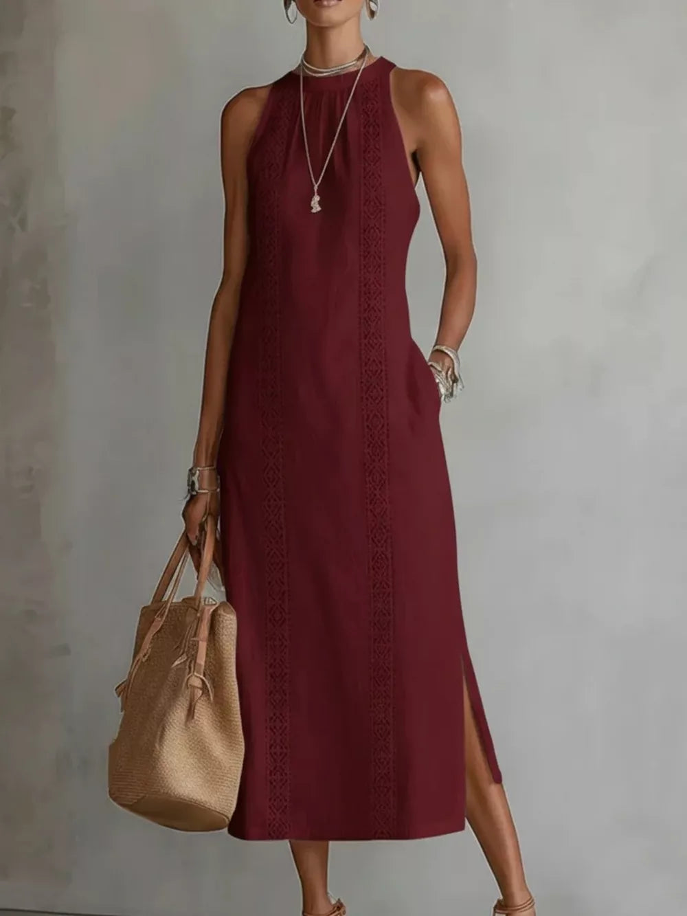 Sleeveless Lace Trim Midi Dress Plus Size in Yellow