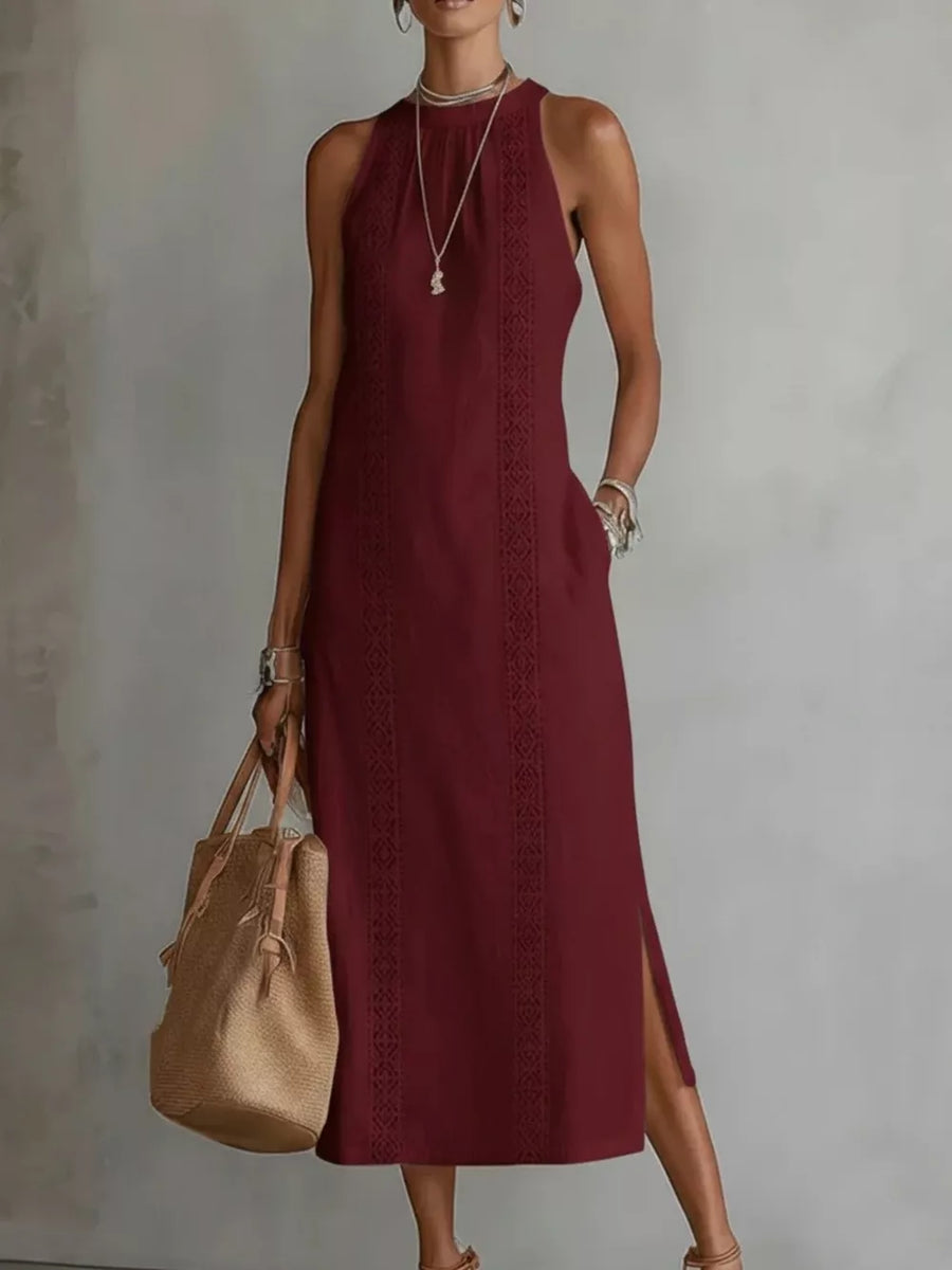Sleeveless Lace Trim Midi Dress Plus Size in Yellow