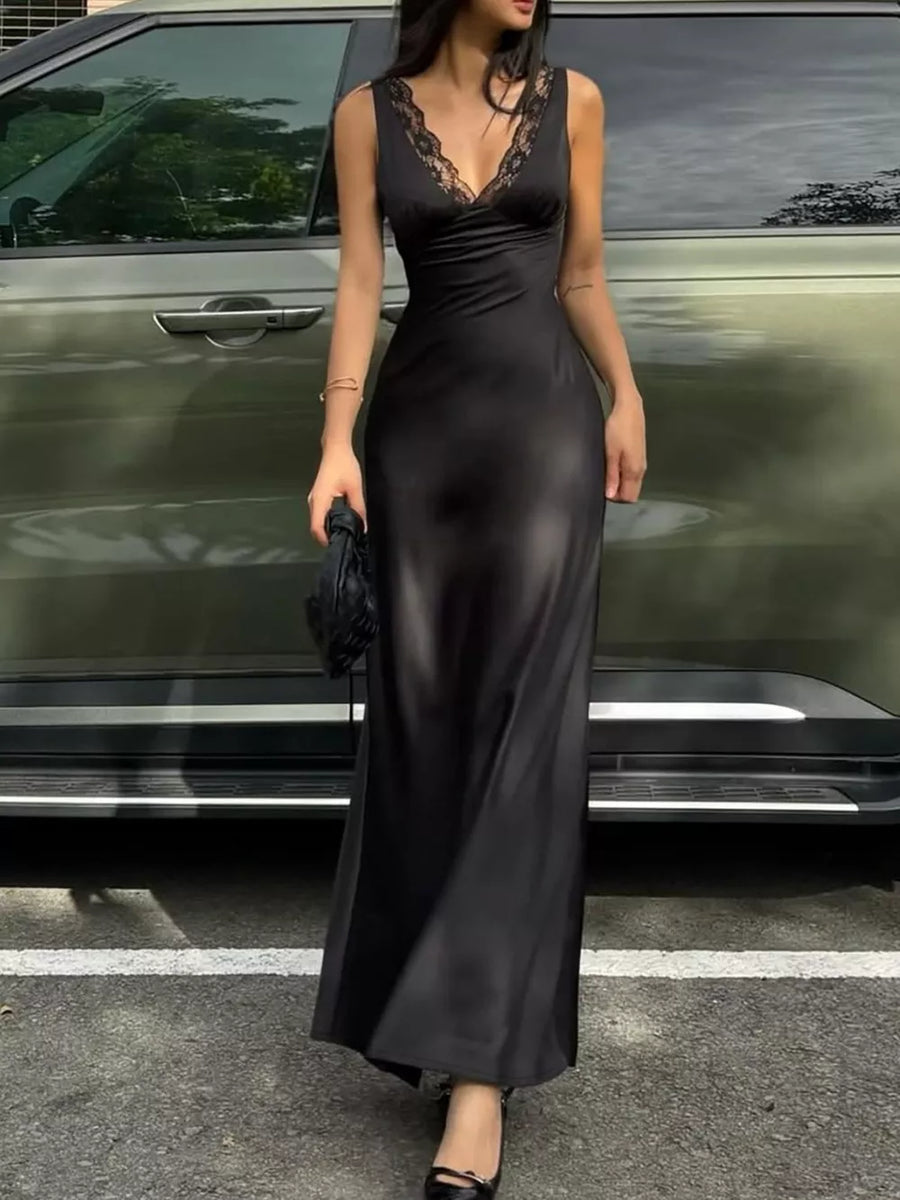 Black lace-trimmed sleeveless maxi gown with a V-neck and cinched waist.