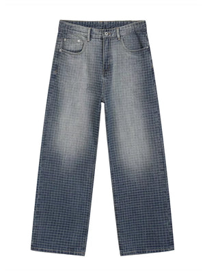 Men's relaxed-fit jeans in blue denim with a subtle grid pattern and button fly.