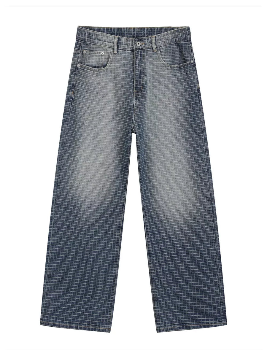 Men's relaxed-fit jeans in blue denim with a subtle grid pattern and button fly.