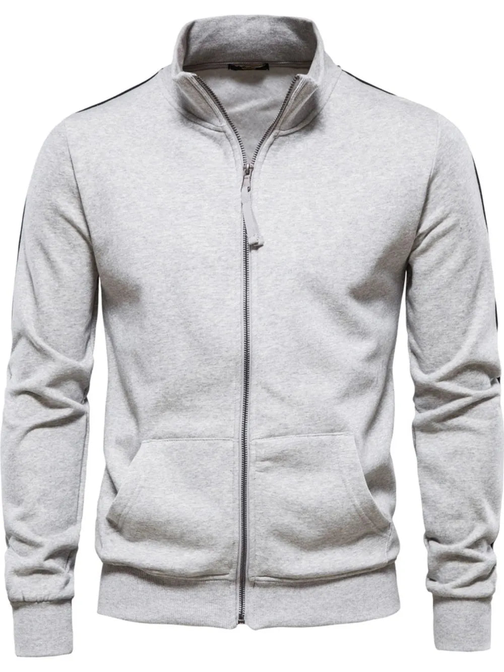 Gray track jacket with zip-up front, stand collar, and black side stripes.