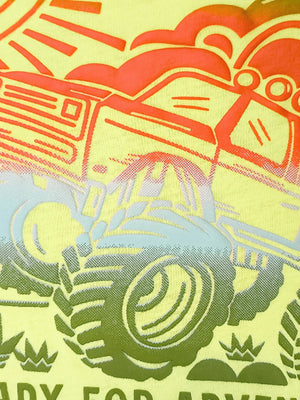 Toddler cotton tee with monster truck and sun graphic in yellow, orange, and green.