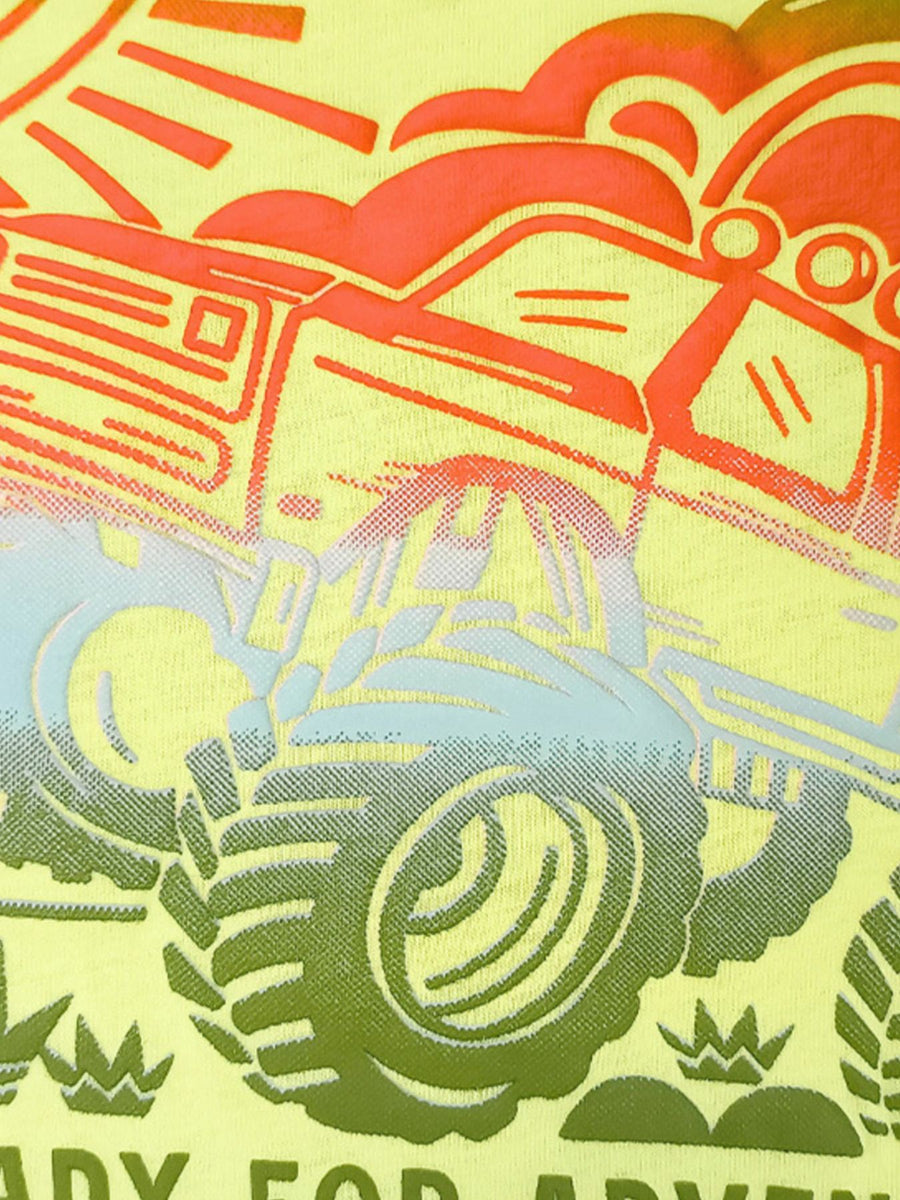 Toddler cotton tee with monster truck and sun graphic in yellow, orange, and green.