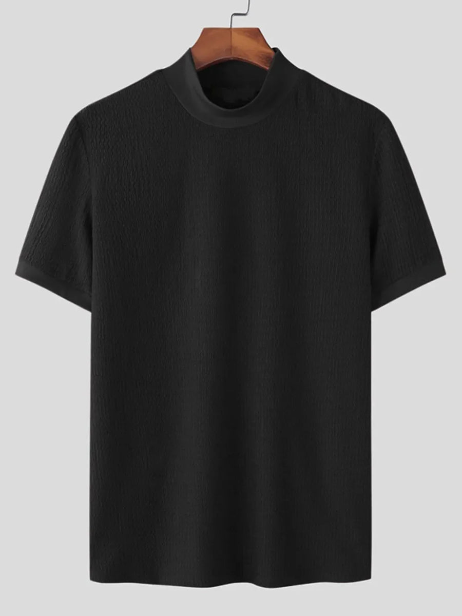 Black textured knit mock neck t-shirt with short sleeves