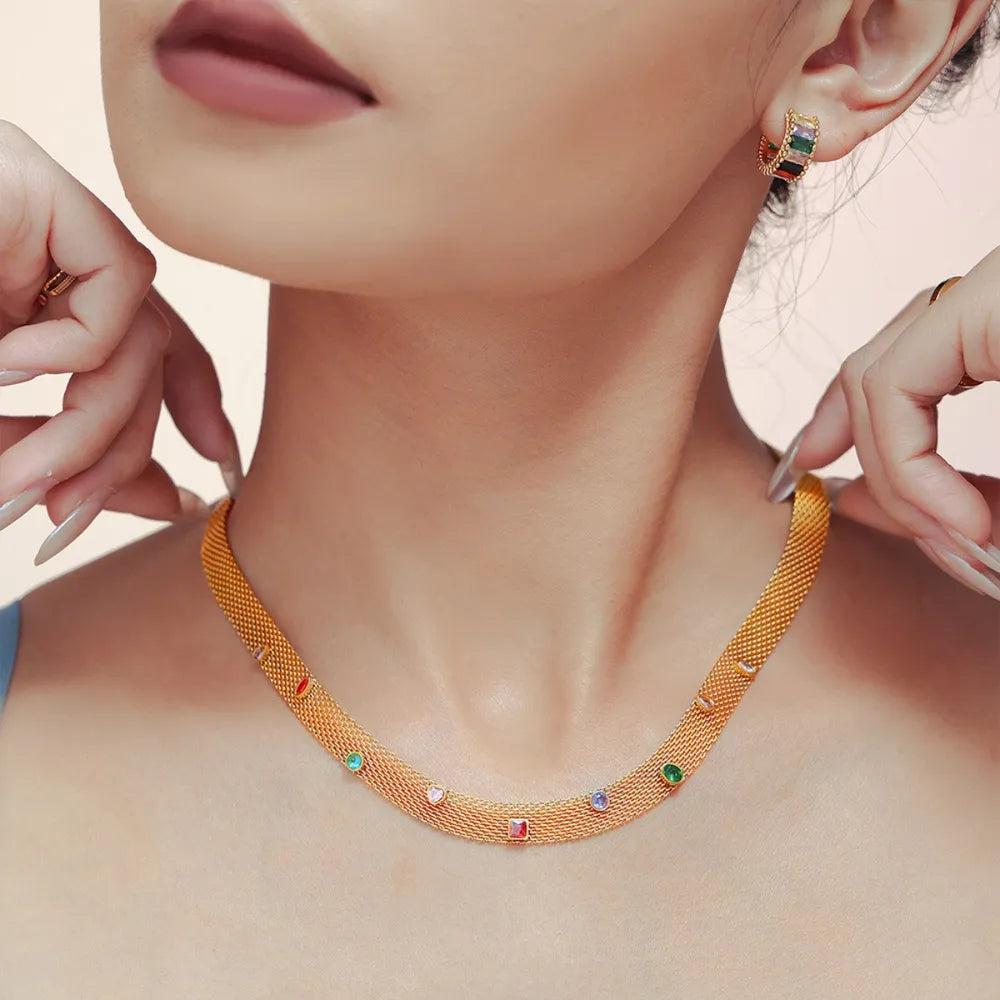 Gold mesh collar necklace with colorful gemstone embellishments