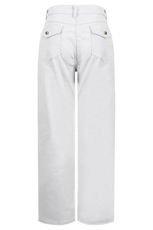 Wide-leg utility denim trousers in white with buttoned back pockets.