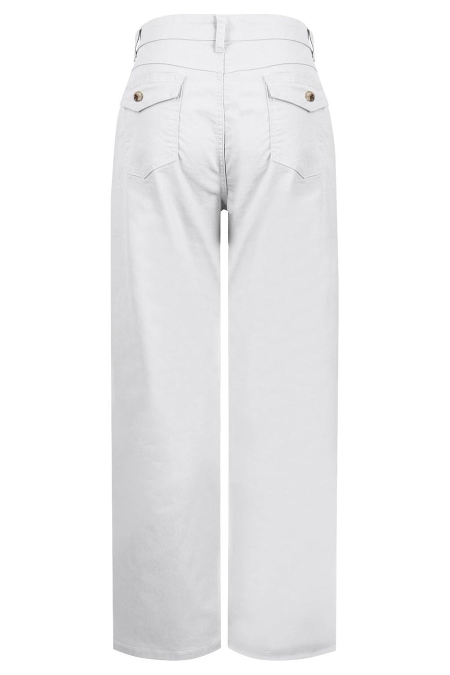 Wide-leg utility denim trousers in white with buttoned back pockets.