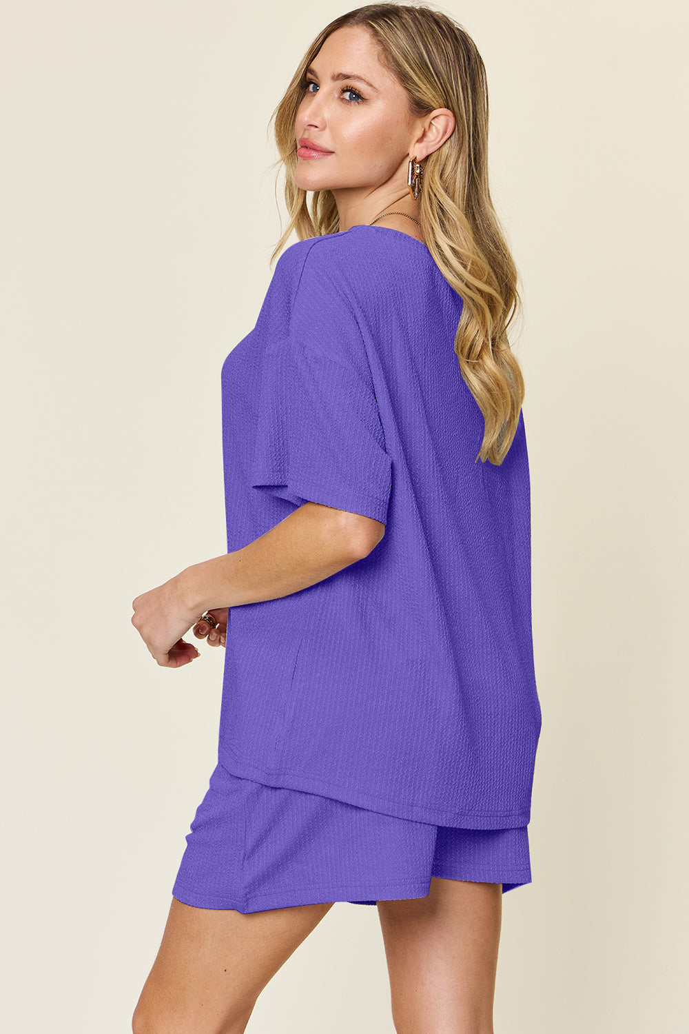 Waffle knit boxy tee and shorts set in purple with short sleeves and a relaxed fit.