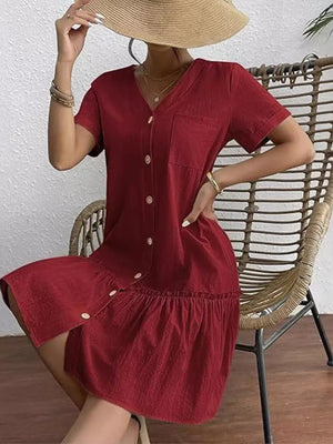 Button-down Ruffle Hem Mini Dress Plus Size in White