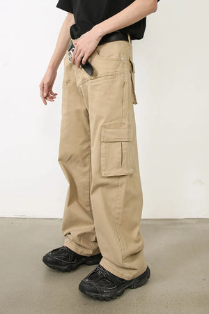 Khaki wide-leg cargo pants with multiple pockets and a relaxed fit.