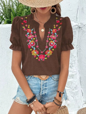 Brown embroidered puff sleeve blouse with floral detail and V-neck