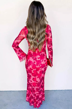Deep Rose with Floral Print Cuff Hem Sheath Dress in Deep Rose