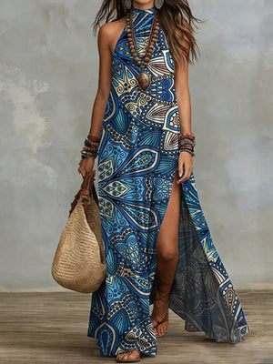 royal blue maxi dress with ornamental and halter