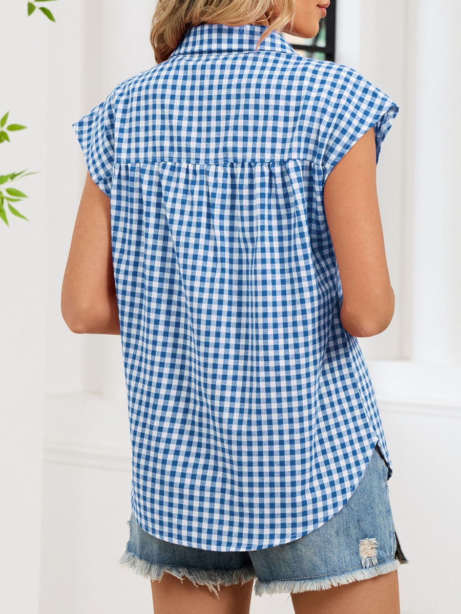 Blue gingham cotton shirt with cap sleeves and button-down front, shown from the back.