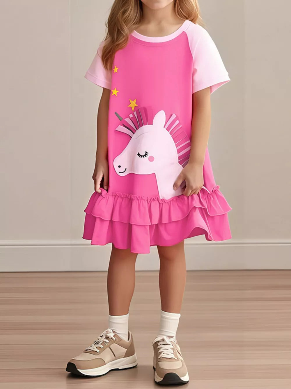 Pink unicorn dress with ruffled hem and stars, short sleeves, cotton.
