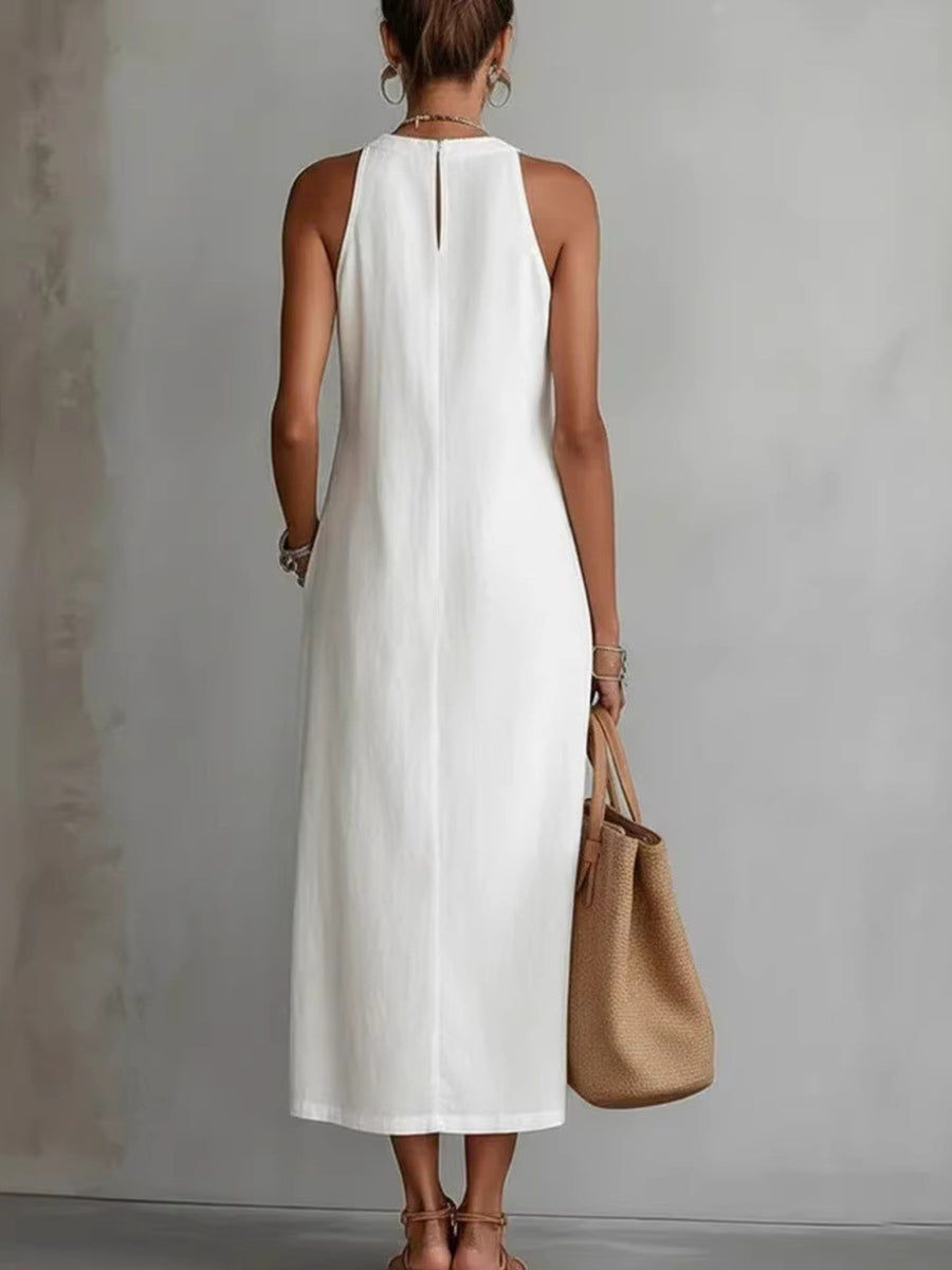 Chic Sleeveless Midi Dress With Pockets in White