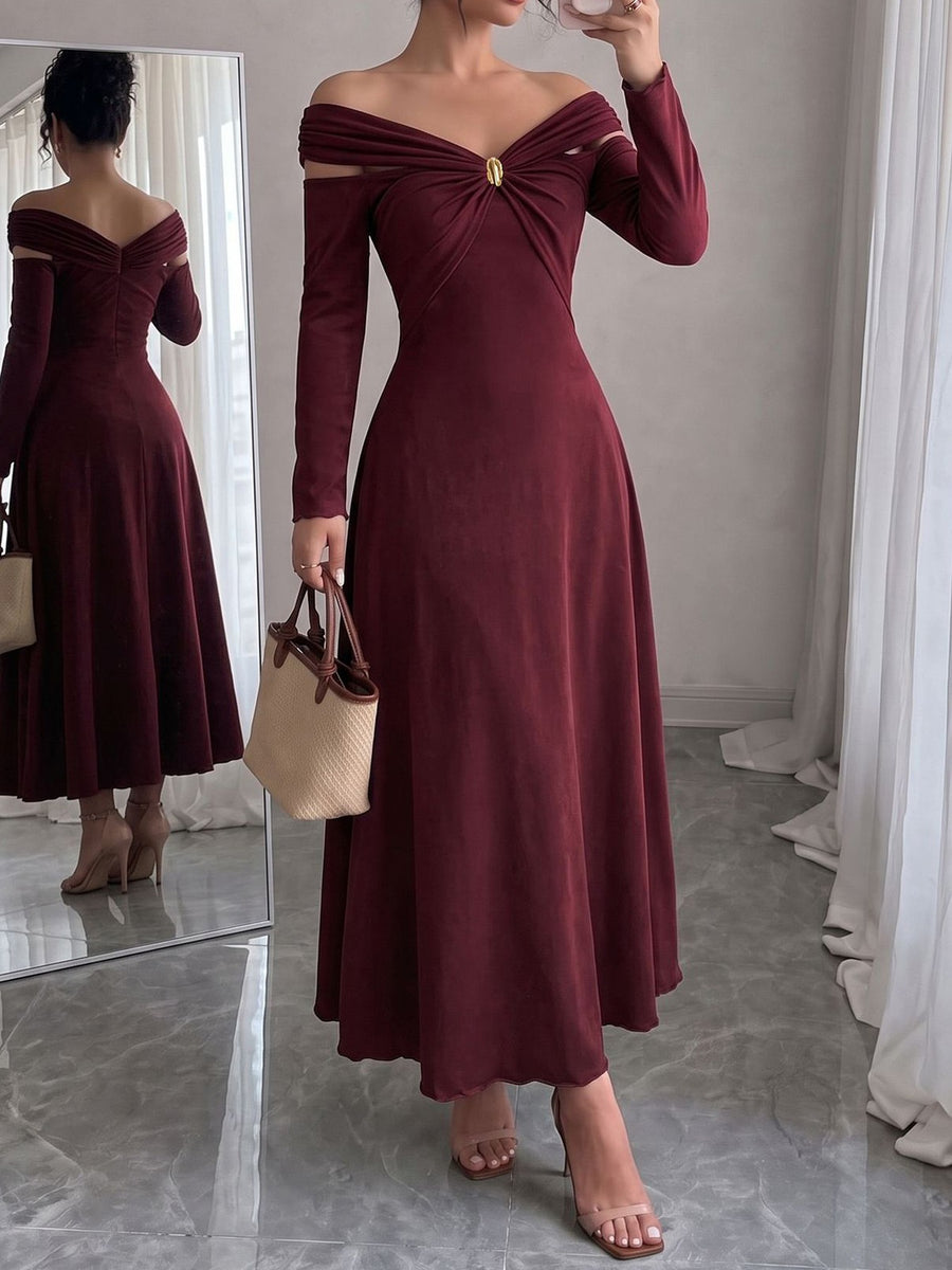 100% polyester Care instructions: Machine wash cold maxi dress in Burgundy with A-line silhouette