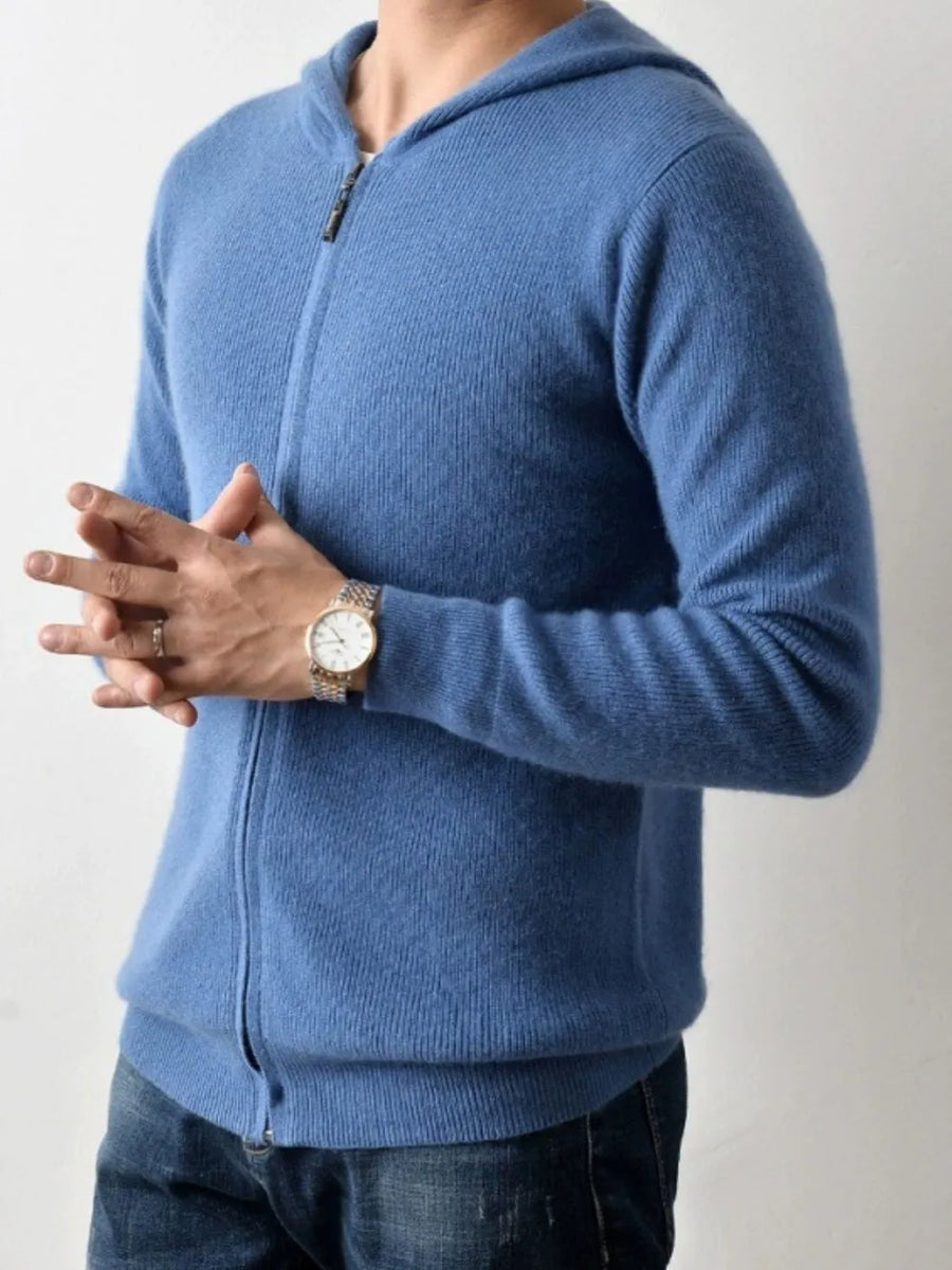 Men's Peacock Blue Cashmere Zip-Up Hoodie with full zip closure and ribbed texture.