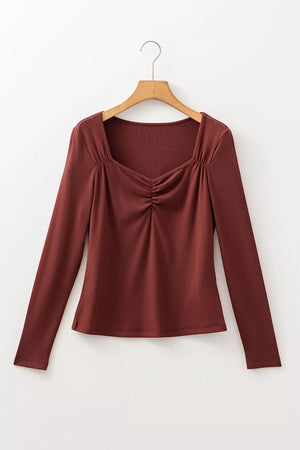 Gathered Bust Square Neck Ribbed Long Sleeve Top option 5
