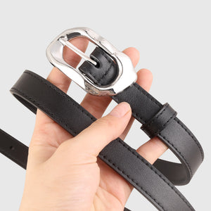 Black cowhide leather belt with a polished silver buckle.