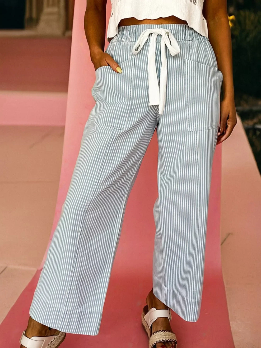Light blue pinstripe drawstring pants with pockets