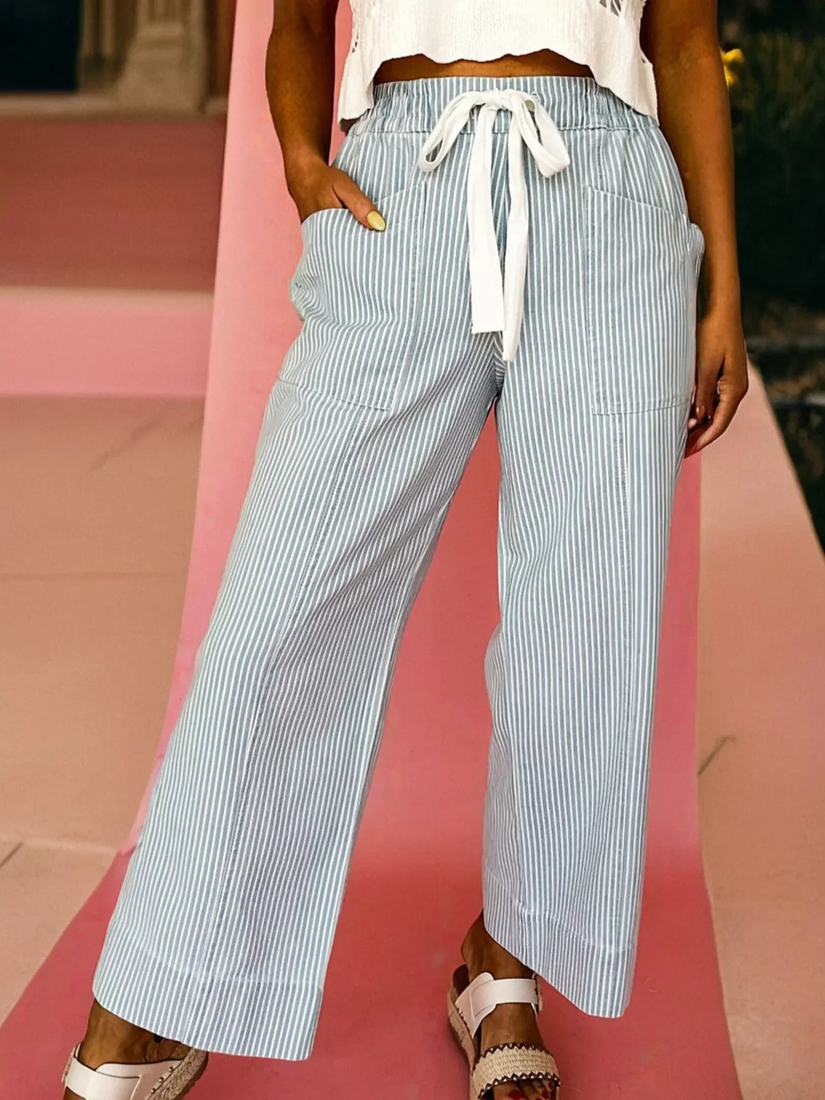 Light blue pinstripe drawstring pants with pockets