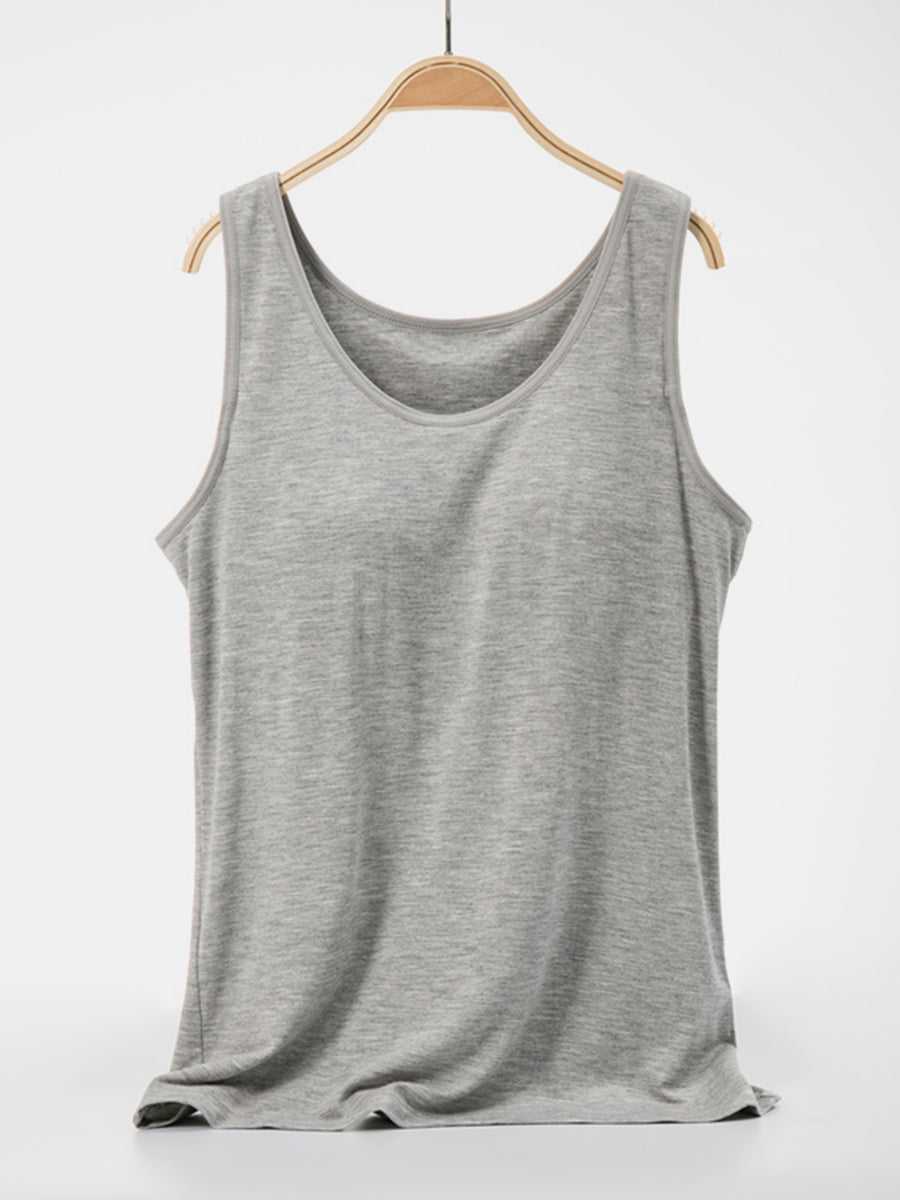 Gray scoop neck tank top with a soft, casual fit