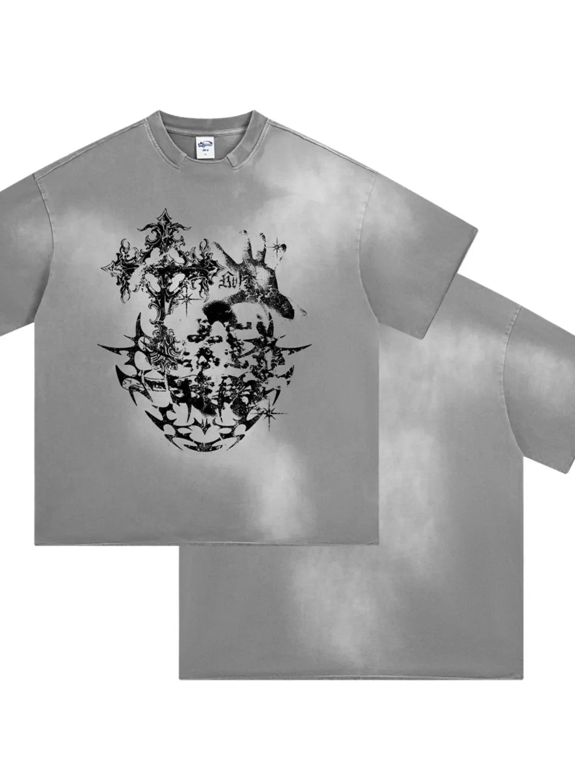 Gray distressed graphic tee with raw hem and dark, abstract print.
