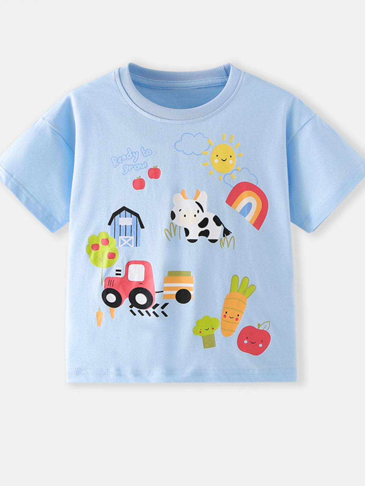 Light blue cotton toddler t-shirt with cheerful farm cartoon print and "Ready to Grow" text.