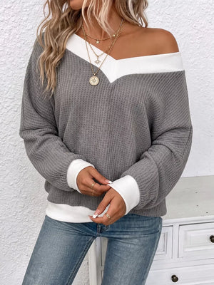 v-neck sweater in slate gray featuring basic style and relaxed fit