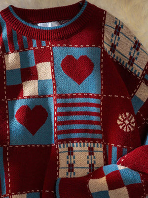Red and apricot knit sweater with heart and checkered pattern, crew neck, long sleeves.