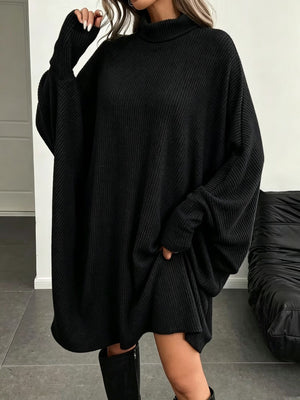 light gray sweater dress with stretchy and dolman sleeve
