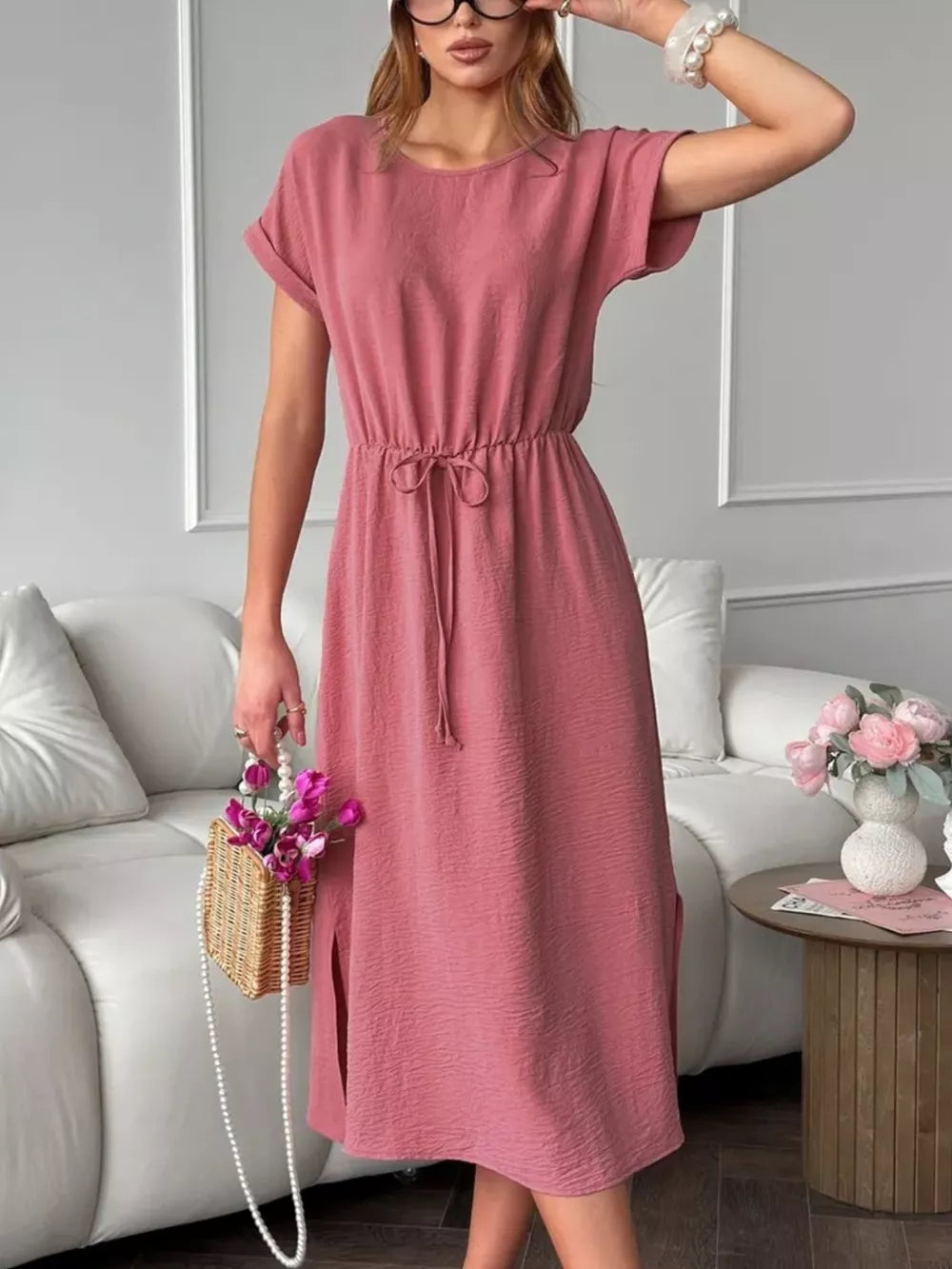 Green Casual Drawstring Waist Midi Dress