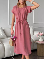 Green Casual Drawstring Waist Midi Dress