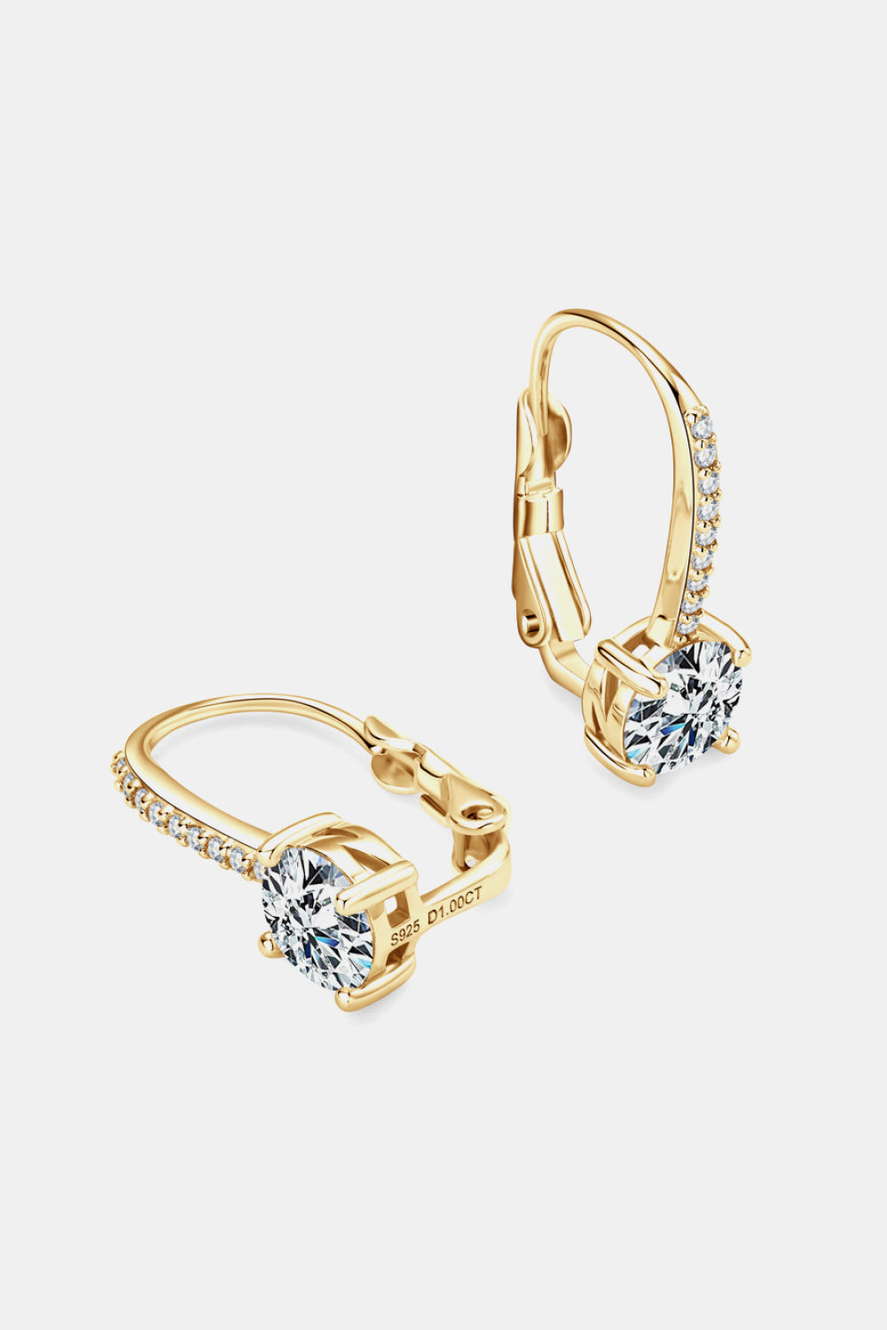 Gold pavé-set moissanite leverback earrings with a single round-cut stone.