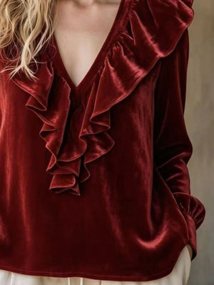 Velvet Ruffle V-Neck Blouse Plus Size in Cerulean