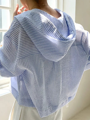 Striped Hooded Shirt With Drawstring in Blue