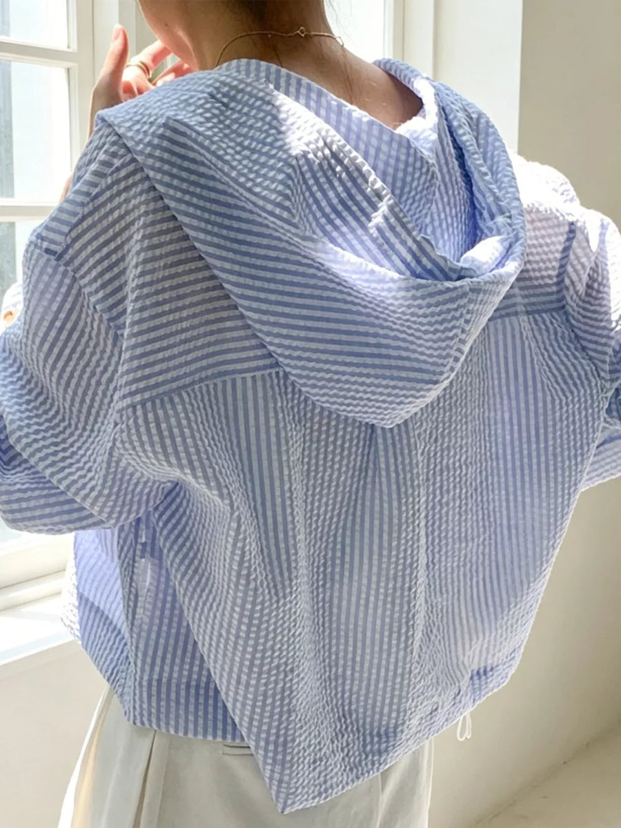 Striped Hooded Shirt With Drawstring in Blue