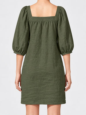 Square Neck Puff Sleeve Mini Dress in Khaki with seam detail